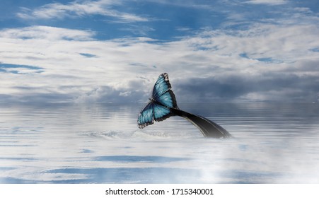 Surreal visionary view of a wale tale that turns into a butterfly, rough sea and cloudy sky, freedom concept, imaginary art