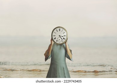 surreal woman with clock in place of face checks time pass - Shutterstock ID 2229743405