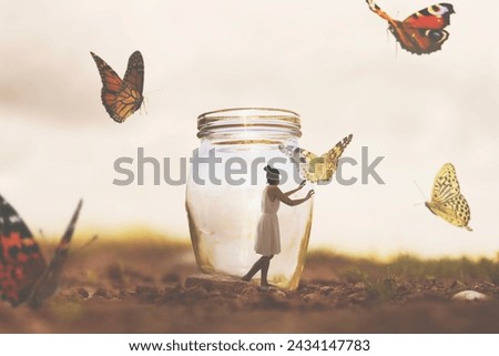 surreal woman is prisoner in a glass vase with butterflies flying around, abstract concept