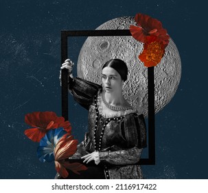 Surrealism. Contemporary Art Collage. Idea, Inspiration, Aspiration And Creativity. Model Like Medieval Royalty Person In Vintage Clothing. Concept Of Comparison Of Eras, Artwork. Copy Space For Ad