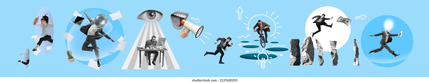 Surrealism. Creative Contemporary Collage Made Of Shots Of Young Men, Managers Working Hardly Isolated Over Blue Background. Concept Of Business Lifestyle, Finance, Career, Vintage Gadgets