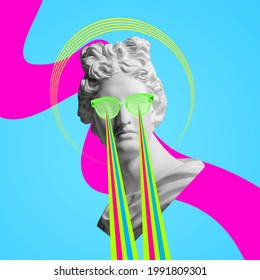 Surrealism. Modern conceptual art colorful poster with ancient statue of bust of Apollo replica isolated on multicolored background. Blue and magenta. Collage of contemporary art. Fashion design.