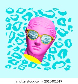 Surrealism. Modern Conceptual Artwork With Ancient Statue Head In Sun Glasses Isolated Over Colored Background. Summer Time. Collage Of Contemporary Art. Fashion Design.