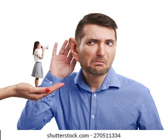 Surrealism Photo Of Hand Holding Small Woman With Megaphone That Yelling At The Man With Big Ear. Isolated On White Background