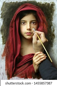 Surrealistic image with live girl in painting.