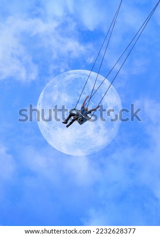 surrealistic minimal swing with happy child and moon. Surreal painting artwork.collection for decoration and interior, canvas art, freedom idea. concept