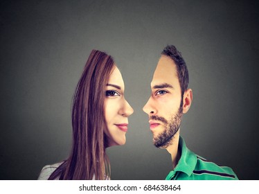surrealistic portrait front with cut out profile of a young man and woman isolated on grey wall background