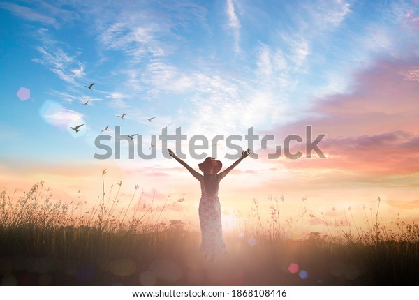 Surrender and praising\
concept: Silhouette of healthy Christian woman raised hands at\
meadow sunset\
background