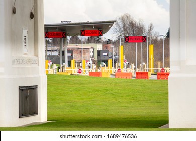 Surrey, Canada - Mar 29, 2020: Closed USA Border Station At Blaine, WA Viewed From Within Peach Arch Monument