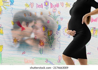 Surrogate Mother, A Woman In A Black Dress On The Background Of A Child's Drawing, Waiting For The Birth Of A Baby For The Family