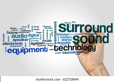 Surround sound word cloud concept on grey background
