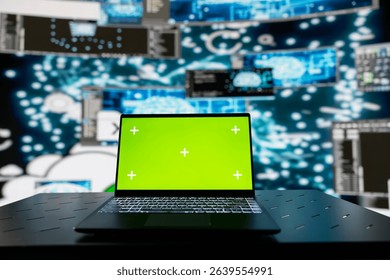 Surrounded by digital data and AI brain systems, laptop showcases green screen on a display. Automation platforms and cloud computing ensures a modern strategy and innovation.