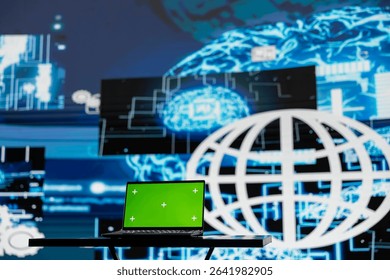 Surrounded by digital data and AI brain systems, laptop showcases green screen on a display. Automation platforms and cloud computing ensures a modern strategy and innovation.