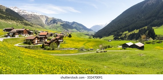 Surselva, Switzerland: Valley View Surselva. The Valley Is Illuminated By The Sun During A Beautiful Day On The Day Of The Feast Of The Ascension.