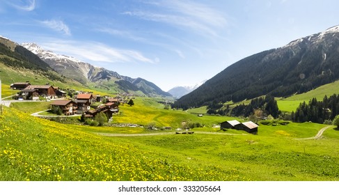 Surselva, Switzerland: Valley View Surselva. The Valley Is Illuminated By The Sun During A Beautiful Day On The Day Of The Feast Of The Ascension.