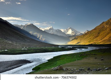 Suru River And Big Mountain Background ,Kargil ,Jammu And Kashmir,India.