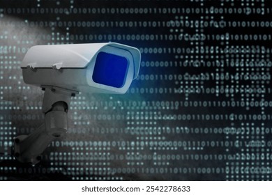 Surveillance camera against a digital binary code background. IP CCTV camera and focuses on security and monitoring. Technology and surveillance theme. Digital security and data security.