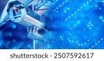 Surveillance camera. CCTV equipment in anti-vandal housing. Surveillance camera on blue. CCTV technologies for security. Surveillance camera for public places. CCTV with face recognition function