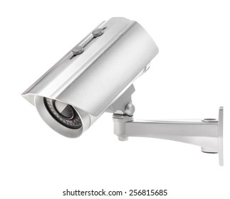 Surveillance Camera Isolated On White Background, With Clipping Paths