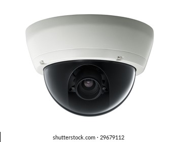 Surveillance Camera Isolated On White Background, Studio Shot