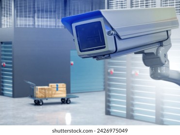 Surveillance camera in stock. CCTV equipment for security storage units. Warehouse rooms under camera surveillance. Video surveillance system for storage rooms. Corridors building with storage rooms - Powered by Shutterstock