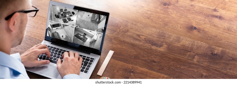 Surveillance Camera Video Footage On Laptop. Security Screen