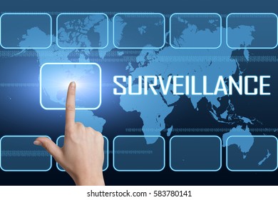 Surveillance concept with interface and world map on blue background