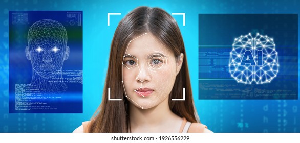 Surveillance And Safety Concept, Asian Women Using Face Detection And Facial Recognition Technology With AI And Brain Platform For Access Permission