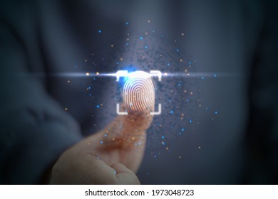 Surveillance and security scanning of digital program cyber futuristic application concept. Futuristic digital processing of biometric identification fingerprint scanner
