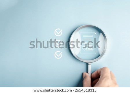 Survey document checking process showing magnifying glass focusing on online checklist form, quality control, feedback evaluation, and digital data verification workflow.