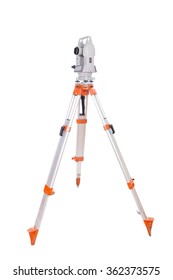 Survey equipment theodolite on a tripod. Isolated on white background