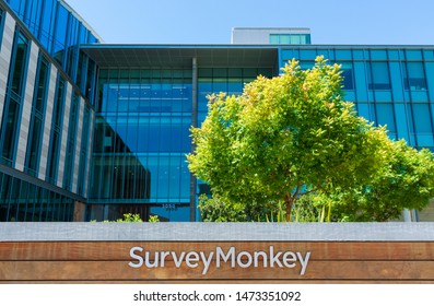 SurveyMonkey sign near headquarters of online survey development cloud-based software as a service company campus in Silicon Valley - San Mateo, California, USA - Circa August, 2019
