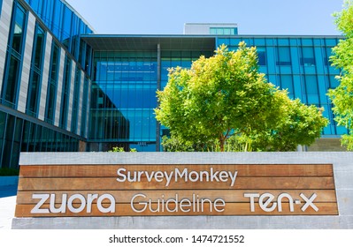 SurveyMonkey, Zuora, Guideline, Ten-x signs in front of modern headquarters of Silicon Valley startups - San Mateo, California, USA - Circa August, 2019