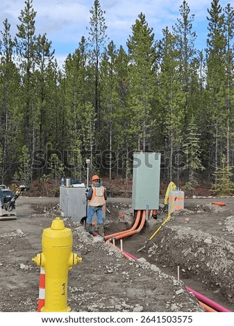 Surveyor checking trench alignment and elevation of shallow utility conduits entering electrical cabinet near hydrant.