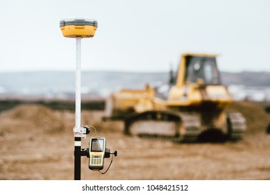 Surveyor equipment GPS system outdoors at highway construction site. Surveyor engineering with surveying equipement