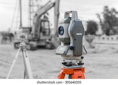 Surveyor equipment for line checking or theodolite outdoors at construction site