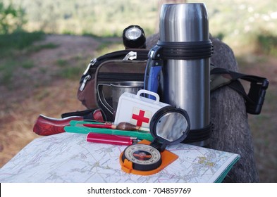 Survival Kit In Nature Background