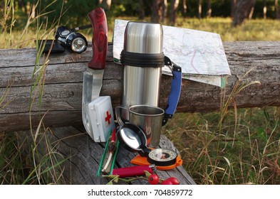 Survival Kit In Nature Background