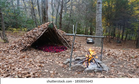  Survival Shelter Debris hut in the wilderness. Bushcraft camp setup in the forest. - Shutterstock ID 1850055643