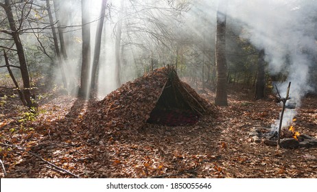  Survival Shelter Debris hut in the wilderness. Bushcraft camp setup in the forest.