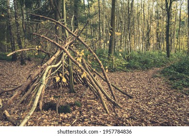 Survival shelter from tree branches at the forest. Woodland teepee or den. Forest school. Educational and fun children outdoor activities.