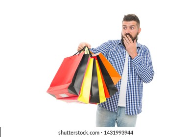 I Survived Black Friday. Surprised Hipster Holding Shopping Bags After Black Friday Isolated On White. Bearded Man Opening His Shopping Season On Black Friday. Offering Deep Discounts On Black Friday.