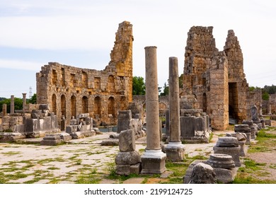 Surviving architectural constructions of Hellenistic gate towers and Corinthian column in ancient Greek city of Perga o