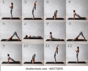 Surya namaskar. Sun salutation complex. Woman practicing advanced yoga. A series of yoga poses