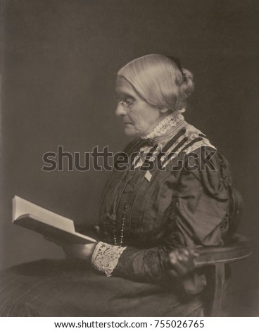 Susan B. Anthony sitting and reading a book, ca. 1900. Born in 1820, she celebrated her eightieth birthday at the White House at the invitation of President William McKinley.