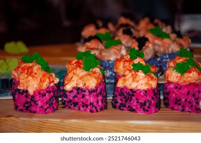 Sushi advertising. Advertising of Japanese food. Sushi roll. Japanese cuisine. Vibrant sushi rolls platter. Fresh roll in bar restaurant. Colorful serving. Japanese sushi platter. Maki rolls. - Powered by Shutterstock