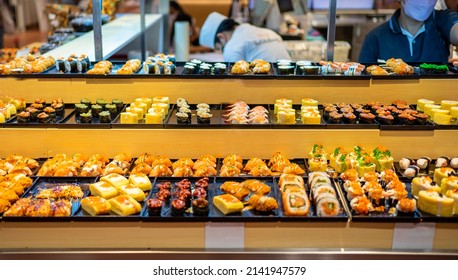 Sushi bar at restaurant. Sushi buffet, Japanese food that is loved by many nationalities and is healthy. 