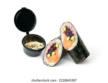 Sushi Burrito Rolls, Sandwich With Red Cabbage, Salmon, Rice, Beans Edamame Wrapped In Nori And Bowl Of Sauce On A White Background.