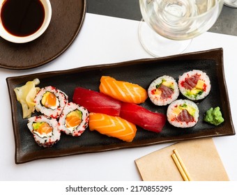 Sushi combo - uramaki makis nigiris.  - Shutterstock ID 2170855295