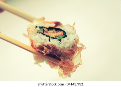 Sushi Covered With Dryed Tuna With Copy Space, Toned Image Instagram Color Filter